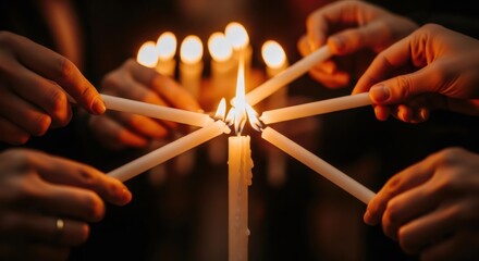 People hands lighting multiple candles in a circle from a central one, symbolizing unity, hope, and remembrance for spiritual or ceremonial event.