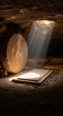 Empty tomb of Jesus with large stone rolled away. Resurrection concept for Easter and religious themes. Symbolic Christian image.