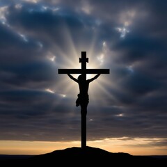 Silhouette of Jesus Christ on cross with heavenly light at sunset. Religious Easter and Good Friday concept. Spirituality and redemption illustration.