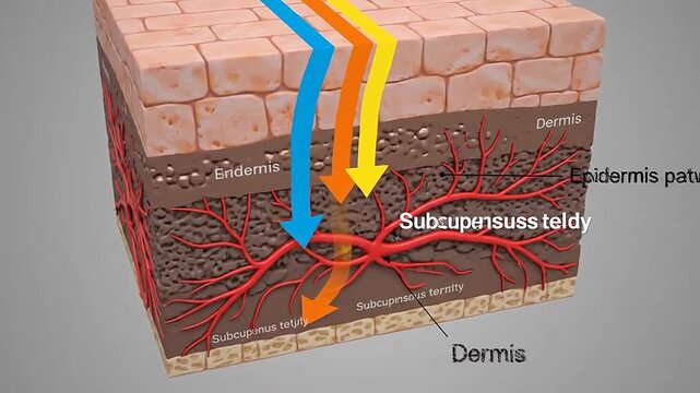 Human Skin Anatomy with Light Penetration, Epidermis Dermis Subcutaneous Layers, 3D Medical Illustration