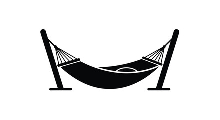A simple black and white illustration depicts an empty hammock suspended between two wooden stands suggesting relaxation © nhpvect02