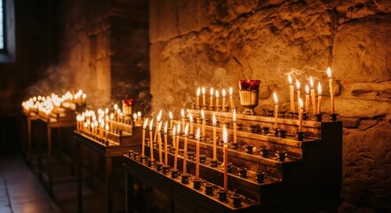 Many lit candles flickering on a tiered stand in a dark church. Christian ritual, prayer, and worship atmosphere. Religious ceremony concept.