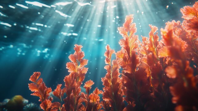 Vibrant Red Algae and Seaweed &ndash; Underwater Ocean Scene Showcasing Rich Colors and Marine Plant Life