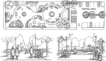 Obraz premium Urban park landscape architectural sketch with site plan, pedestrian pathways, seating areas, trees, and parking layout illustrated in detailed line drawingUrban park 