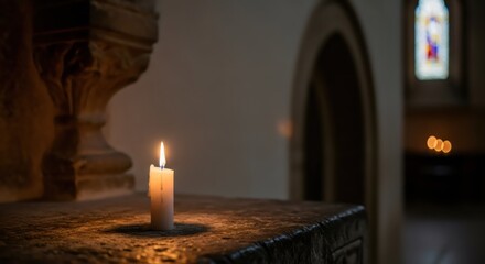 Single burning candle provides warm light in a dimly lit church interior. Symbol of hope, prayer, and remembrance, for religious concepts.