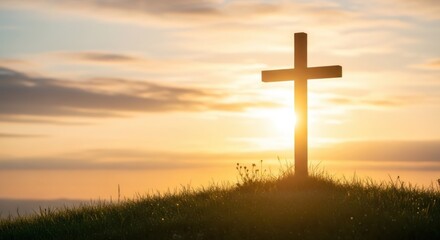 Christian cross silhouette on green hill at sunset. Religious symbol of faith, resurrection, and hope. Easter Sunday concept.
