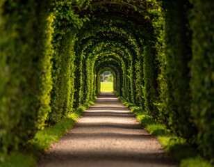 Fototapeta premium Lush Green Archway of Hedges Creating a Serene Garden Pathway