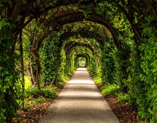 Fototapeta premium Tranquil Garden Pathway Through Lush Greenery and Arching Vines