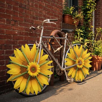 V&eacute;lo dont les roues sont de gigantesques tournesols