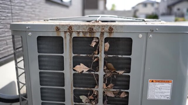 Outdoor air conditioning unit with leaves on residential house exterior