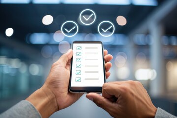 management resources goal-setting. Person using smartphone with checklist on screen and checkmarks floating above in a blurred urban setting.