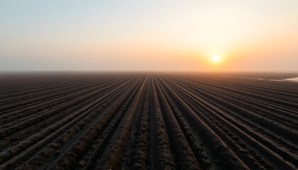 Misty sunrise over an empty, freshly plowed field