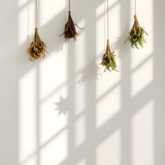 Geometric shadows of suspended drying herbs on white wall