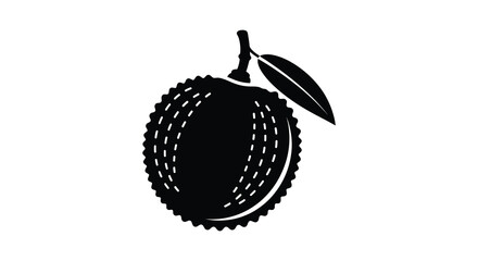 A stark black and white illustration depicts a durian fruit with a single leaf showcasing its textured exterior high quality