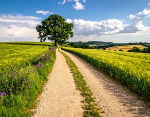 Obraz premium Serene Country Pathway Through Fields and Greenery Under Blue Sky