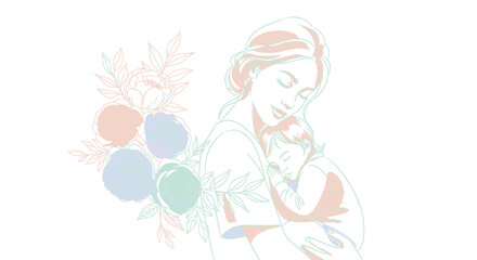 Obraz premium Mother holding baby with pastel floral bouquet, vector illustration for logo or icon, isolated on transparent background, png