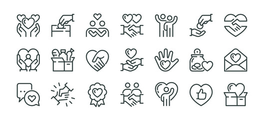 Charity giving, donate money outline icons pack. Line signs volunteering and giving, support donation or friendly handshake. Thin vector icons set perfect for web infographic business social projects.