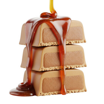 A stack of caramel shortbread bars with gooey caramel on top isolated on transparent background