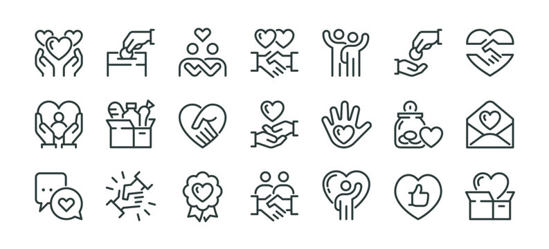 Charity giving, donate money outline icons pack. Line signs volunteering and giving, support donation or friendly handshake. Thin vector icons set perfect for web infographic business social projects.