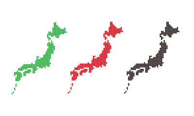 ドットで表現した日本地図のシンプルなベクターイラスト（3色セット）