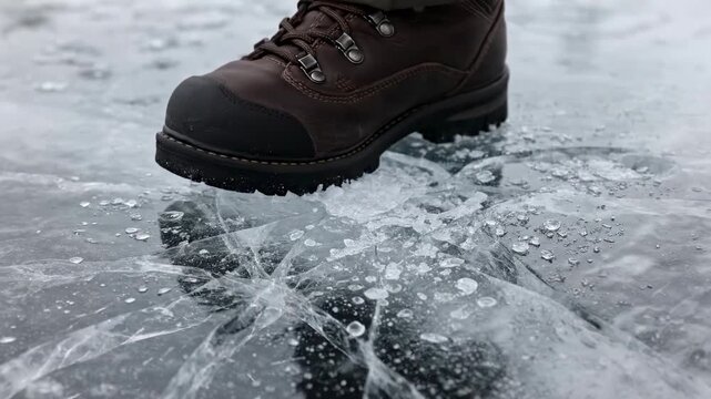 A brown hiking boot steps on cracked ice in the Arctic. The scene highlights the effects of climate change and melting ice in extreme weather conditions.