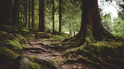 Obraz premium Forest Path with Exposed Tree Roots and Mossy Ground.