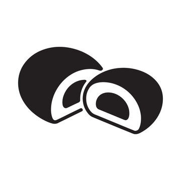 A simple black and white illustration of two mochi sweets one broken open