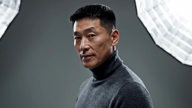 A man in a turtleneck looking contemplative under studio lights, perfect for professional profiles.