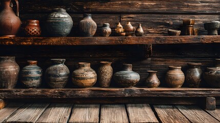 Fototapeta premium Collection of Ancient Pottery and Ceramic Vases on Wooden Shelves.