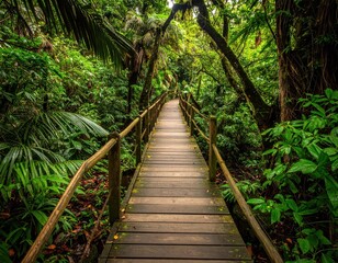 Obraz premium Serene Wooden Pathway Through Lush Green Rainforest Landscape