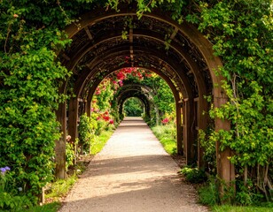 Fototapeta premium Serene Garden Path with Floral Arches and Lush Greenery