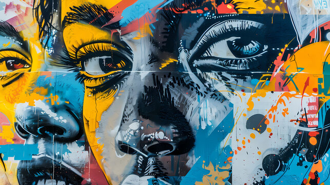 Abstract Urban Life Street Art Mural: Vibrant Graffiti Wall Blending Modern City Culture and Contemporary Artistic Expression