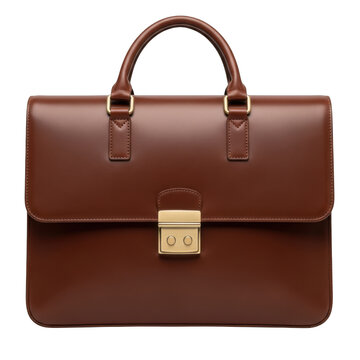 A brown leather briefcase with a gold clasp isolated on transparent background
