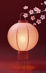 Obraz premium Warm lantern hangs beneath cherry blossoms, soft glow against deep red background.