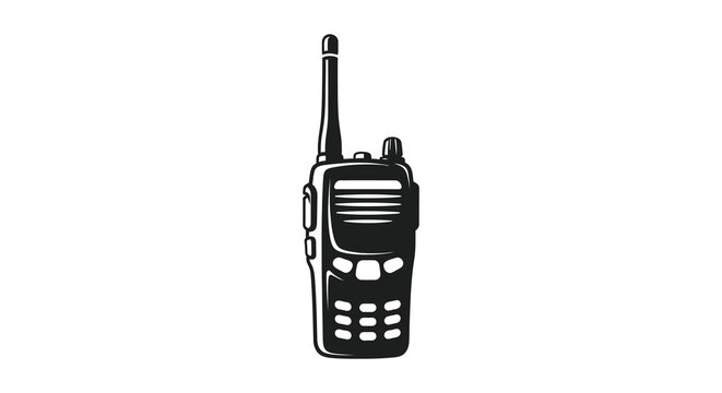 A stylized black and white illustration depicts a walkie talkie showcasing its antenna buttons and rectangular form high quality professional detailed