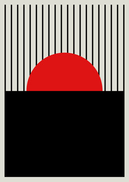 Abstract red circle with vertical black lines in Bauhaus style illustration