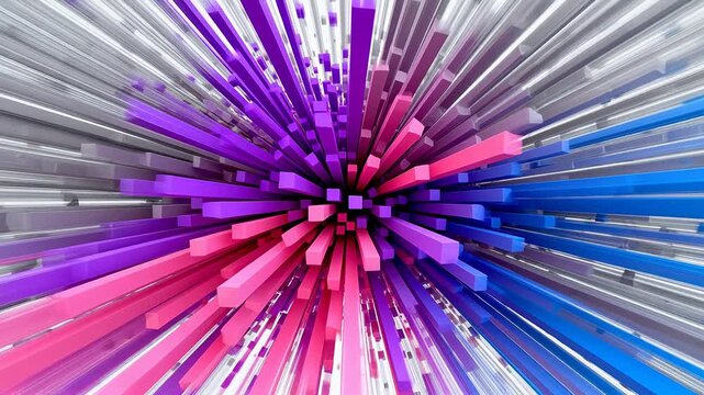 Radiating abstract stripes and squares in purple pink and blue tones