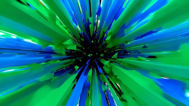 Dynamic explosion of geometric triangles and bars in orange black blue and green
