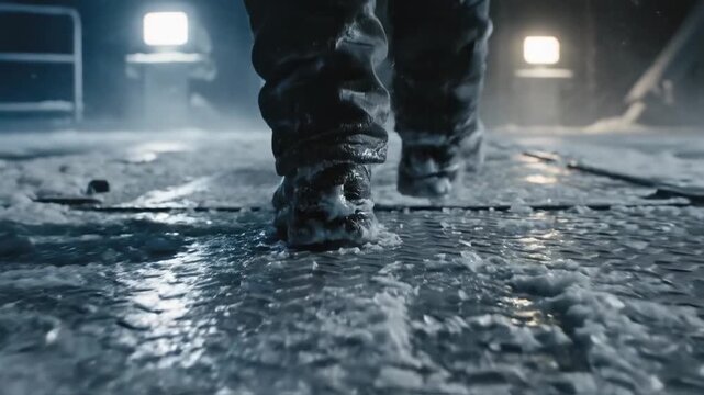 A person walks on a frozen surface in an arctic environment. The ground is icy and slick, indicating extreme weather conditions. The scene suggests scientific research activities.