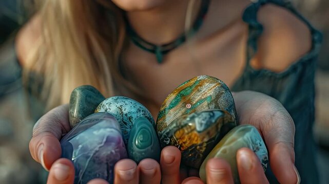 the girl holds rune stones in her hands. Selective focus
