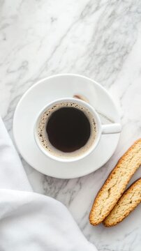 Top view of coffee ripple effect with biscotti on marble table and fresh leaves