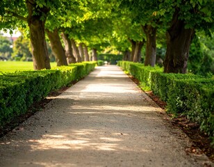 Serene Park Pathway Surrounded by Lush Green Trees and Bushes