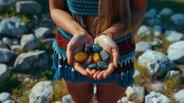 the girl holds rune stones in her hands. Selective focus