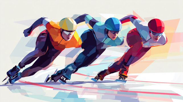Short track speed skaters racing trio, vector illustration with bright colors and minimalistic background