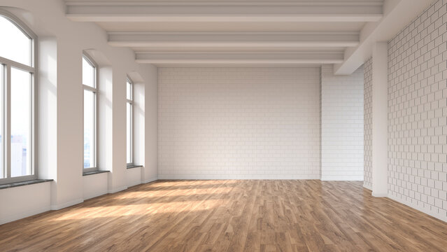 Empty city apartment with brick walls and large windows in old building