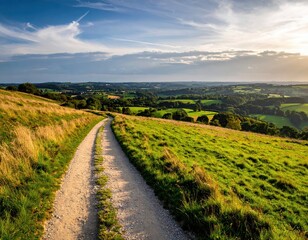 Fototapeta premium Scenic Countryside Pathway Through Green Hills Under Blue Sky