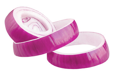 Flying Red onion rings isolated on white.  Levitating onion rings in the air. Sweet onion top view