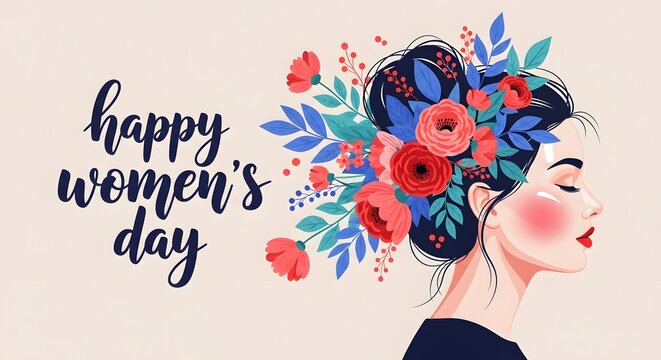 Illustration of a woman with flowers in her hair and happy womens day text on a pink background