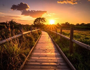 Fototapeta premium Serene Sunset Over Pathway in Nature with Vibrant Sky and Clouds