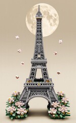 Fototapeta premium Eiffel Tower LEGO model under full moon, surrounded by floating flowers and soft lighting.